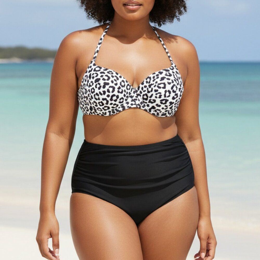 Leopard Print Underwire Bikini Set High Waist Black Bottoms Swimsuit Size XL